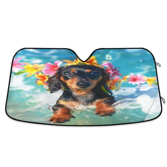 Cute Dachshund Dog Surfing on Wave Car Windshield Sun Shade Foldable Car Front Window Visor Heat and UV Protection 53x23.5