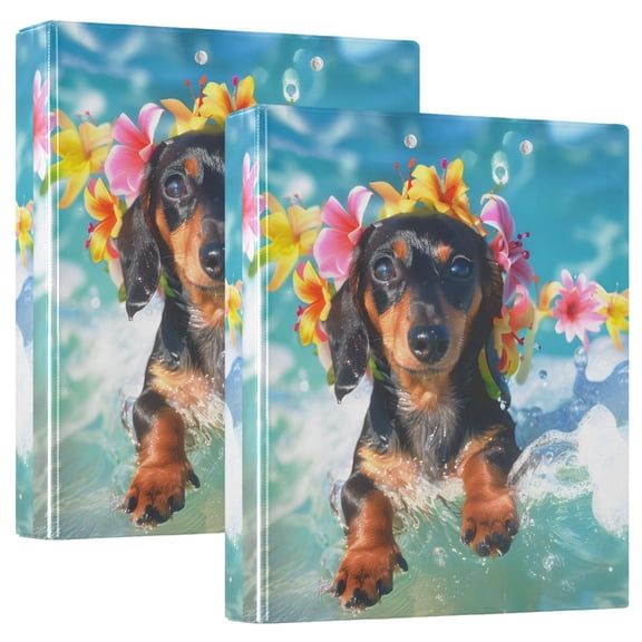 Cute Dachshund Dog Surfing on Wave Hardcover 3 Ring Binder 1.5” Round Rings Binder Organizer Letter Size Paper Pockets School Office Supplies