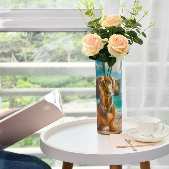Cute Dachshund Dog on Beach Flower Vase 11.8x3.9 inch Vases Clear Non Breakable Plastic for Modern Home Wedding Decor