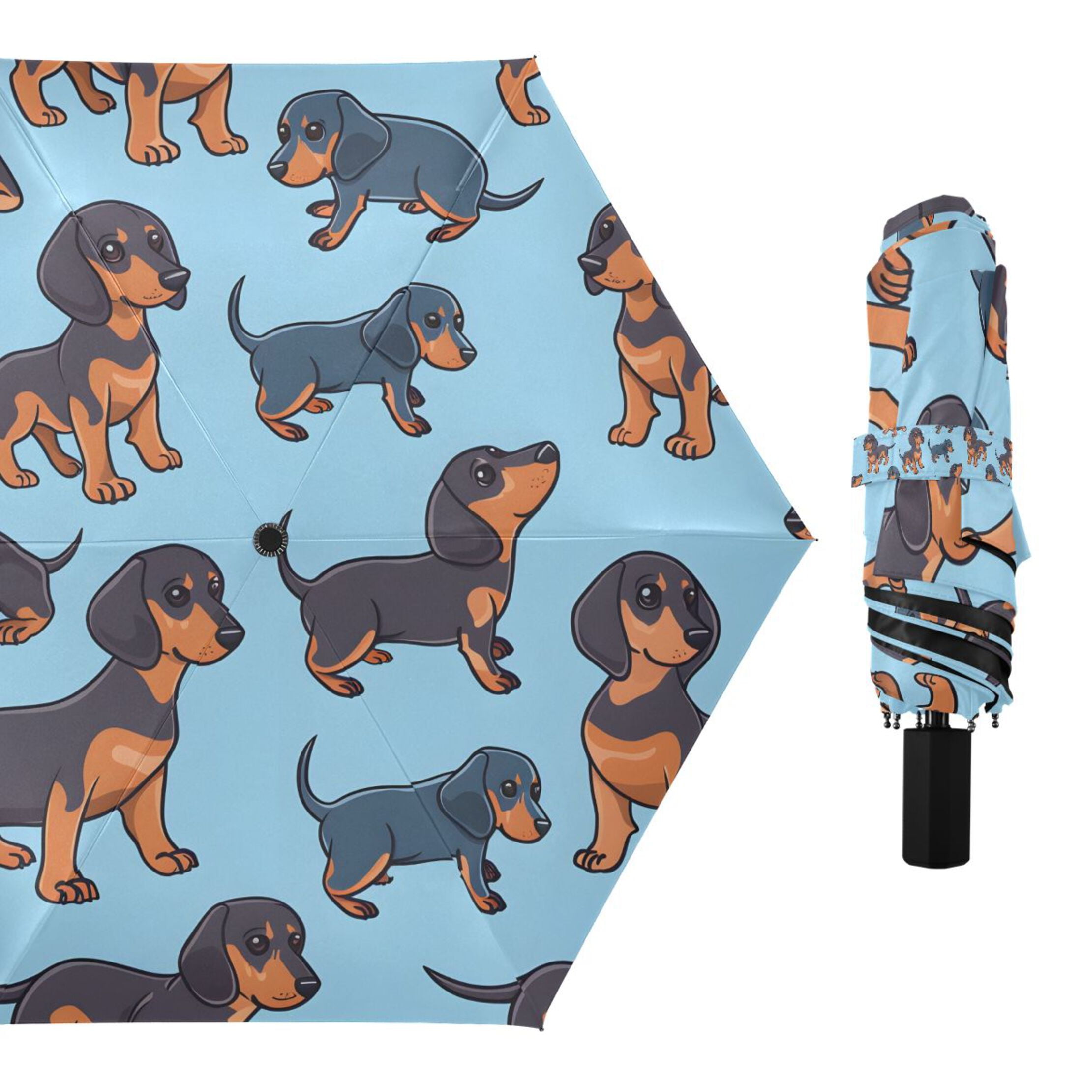 Cute Dachshund Dogs Compact Sun Umbrella Windproof Travel Umbrellas for Rain Strong Portable UV Protection