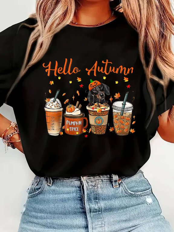 Cute Dachshund Fall Coffee Pumpkin Hello Autumn ThanksgivingCrew Neck Graphic Tee Cotton Women T-Shirt