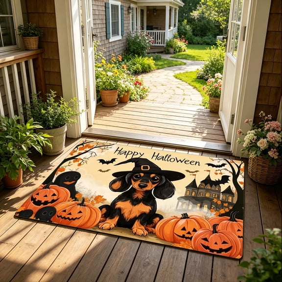 Cute Dachshund In Witch Hat Halloween Pumpkin Print Floor Mat, Porch Entryway Bedroom Decor, Holiday Gift for Halloween Lovers