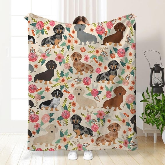 Cute Dachshund Pattern Blanket, Soft Comfortable Warm Throw, Air-conditioned Room Blanket, Warm Nap Blanket for Home & Office & Travel, Blanket Gifts