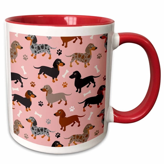 3drose, Cute Dachshund Pattern Pink Weiner Dog, 15oz Two-tone Red Mug