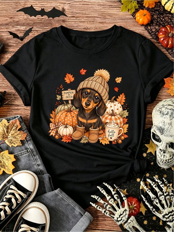 Cute Dachshund Pumpkin Patch Hello Fall Autumn Leaves Design Unisex Halloween Gift Cotton Men's Women's Tee Shirt