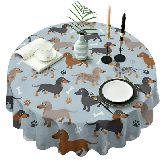 Cute Dachshund and Dog Footprint Round Tablecloth 60"x60",Wrinkle Wipeable Table Cloth for Kitchen Dining Room Picnic Patio Party