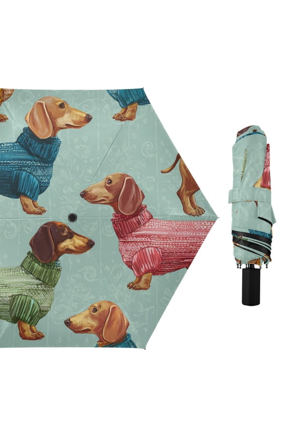 Cute Dachshund in Colorful Sweaters All Weather Umbrella Triple Folding Parasol 6 Ribs UV Protection Portable