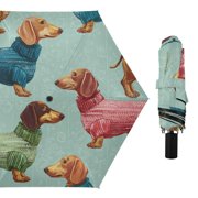 Cute Dachshund in Colorful Sweaters All Weather Umbrella Triple Folding Parasol 6 Ribs UV Protection Portable