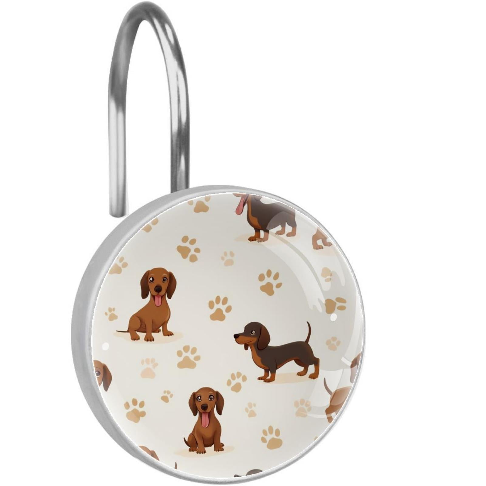 Cute Dachshunds Paw Footprints Shower Curtain Hooks Round Crystal Glass, Set of 12 Shower Curtain Rings - Shower Hooks for Curtain Shower Rings
