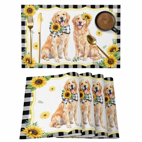 Cute Dag Cotton Linen Placemats Set of 1, Yellow Sunflower Daisy Black Plaid Summer Field Washable Table Place Mats Heat Insulating Placemat for Dining Room Kitchen Daily Use 13 x 19 Inch