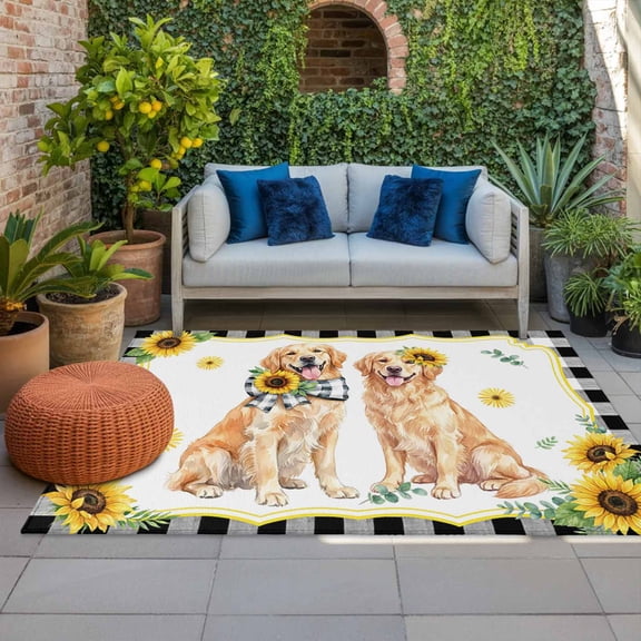 Cute Dag Indoor Outdoor Rugs 4x6 Ft, Yellow Sunflower Daisy Black Plaid Summer Field Outdoor Patio Rugs Mat Washable Outside Area Rugs Carpet for Porch Deck RV Camping Pool Balcony Backyard