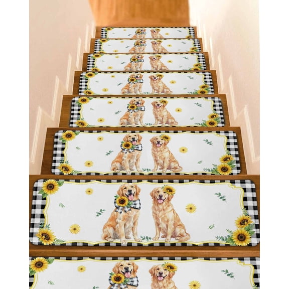 Cute Dag Stair Treads Yellow Sunflower Daisy Black Plaid Summer Field Indoor Non Slip Peel and Stick Stair Treads for Wooden Steps 4 PCS, Soft Adhesive Staircase Mats Runner Rugs 8"x30"