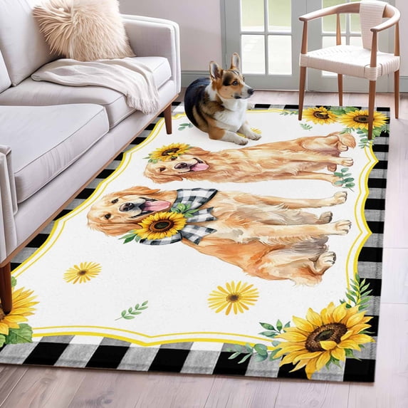 Cute Dag Washable Area Rugs 4'x6', Yellow Sunflower Daisy Black Plaid Summer Field Low Pile Throw Living Room Rug Non-Slip Sturdy Edge Binding Carpet for Indoor Entryway Bedside Kitchen