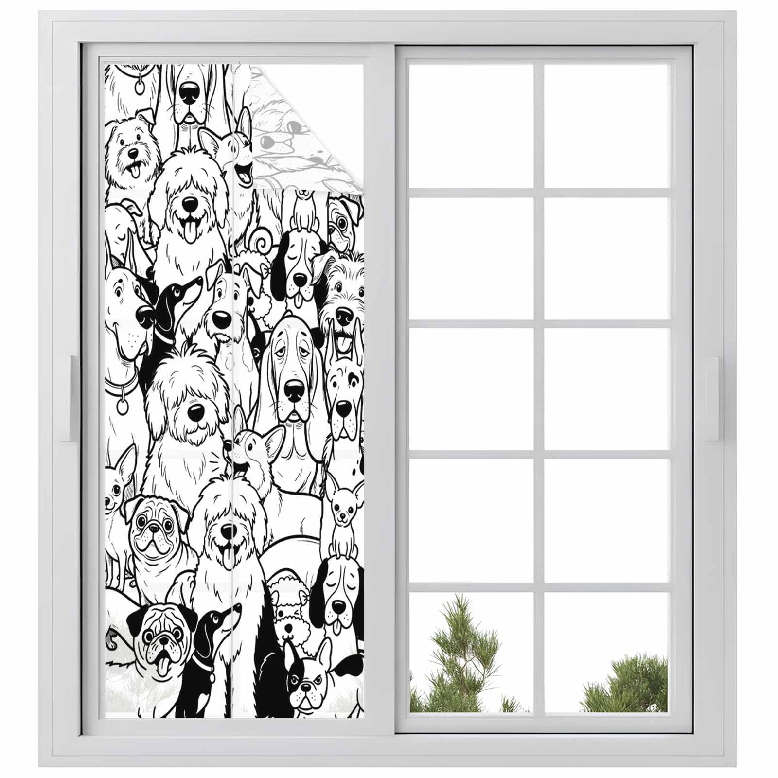 Cute Dag Window Privacy Film, Black White Lines Puppy Cartoon Animal Abstract Frosted Glass Window Clings Static Cling UV Heat Blocking Reusable Door Sticker for Bathroom 23.6 x 59 Inch