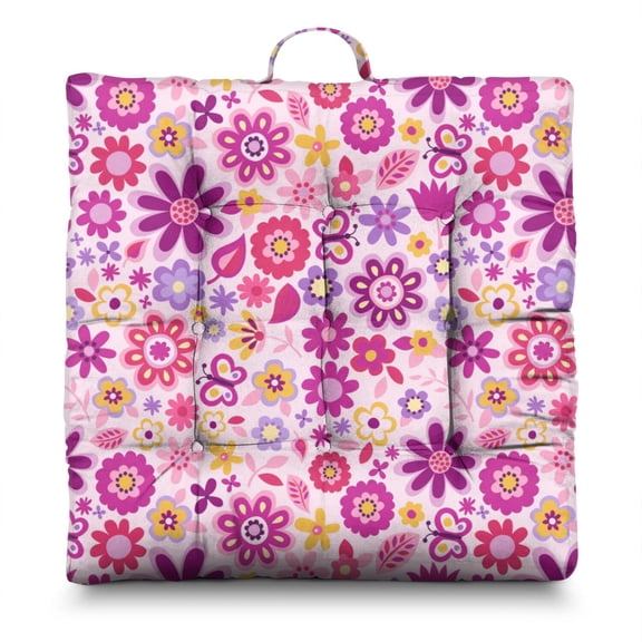 Cute Daisy Floor Pillow Large 22 Inch Square Cushion, Daisy and Butterfly Design, Soft for Yoga, Lounge & Back Pain Relief