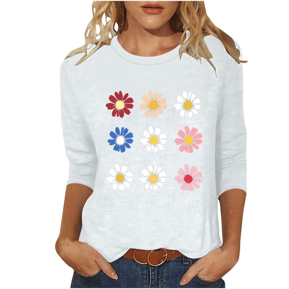Cute Daisy Floral Tshirt for Women Plus Size Crewneck 3/4 Sleeve Tops Going Out Tunic Basic T Shirt
