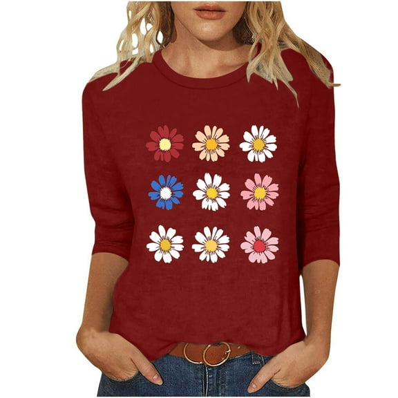 Cute Daisy Floral Tshirt for Women Plus Size Crewneck 3/4 Sleeve Tops Going Out Tunic Basic T Shirt