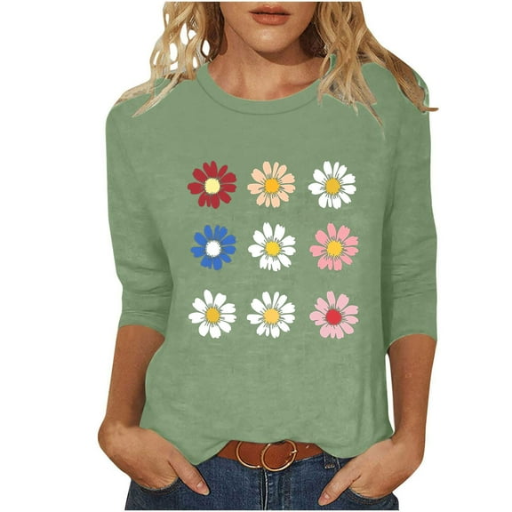 Cute Daisy Floral Tshirt for Women Plus Size Crewneck 3/4 Sleeve Tops Going Out Tunic Basic T Shirt