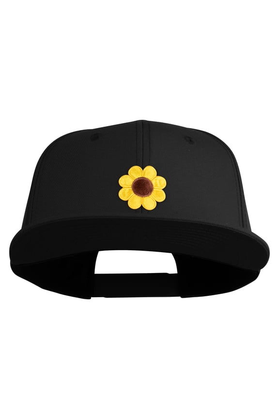 Cute Daisy Flower Embroidered Iron On Patched 6 Panel High Profile Structured Snapback - Black OSFM