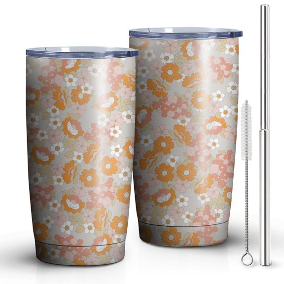 Cute Daisy Flowers 20oz Tumbler Stainless Steel Double Wall Vacuum Insulated Coffee Mug Travel Cups for Wife Mom Daughter Sister Friend Coworker, Metal Straws and Brush