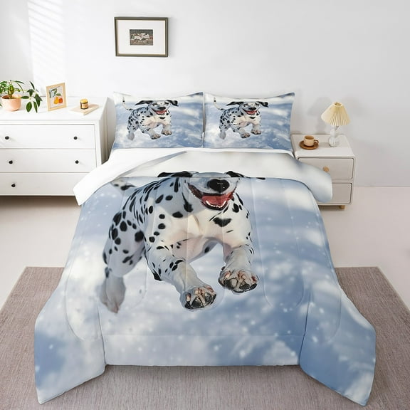 Cute Dalmatian Full Size Comforter Set,3D Dog Animals Lovely Bed Set,Kawaii Puppy Pets Breathable Down Comforter For Bedroom,Winter Snow Room Decor Duvet Insert