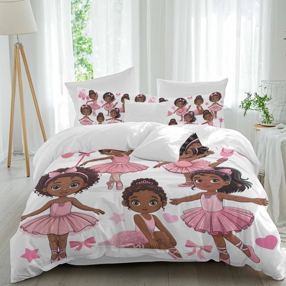 Cute Dancers Duvet Cover Set Queen Size, Pink Ballet Shoes Butterflies Cartoon Character 4 Piece Soft Microfiber Bedding Set with Zipper Closure, 1 Comforter Cover, 1 Flat Sheet, 2 Pillowcases