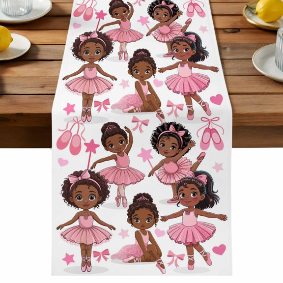 Cute Dancers Table Runner, Pink Ballet Shoes Butterflies Cartoon Character Cotton Linen Table Cloth, Tablerunner for Kitchen Dining Party Wedding Home Decor 13x60 Inch