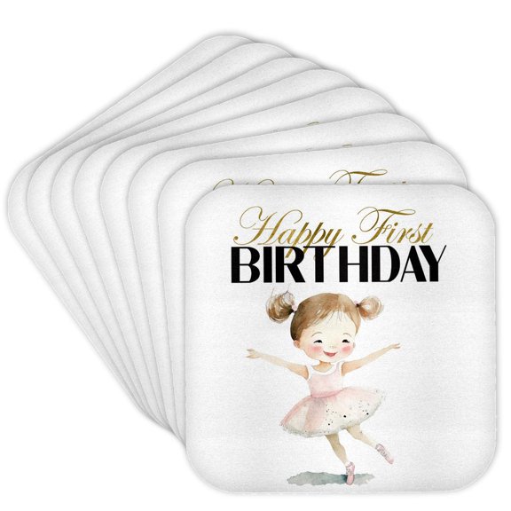 3drose, Cute Dancing Ballerina Happy First Birthday, Set of 8 Coasters - Soft