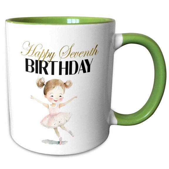 3drose, Cute Dancing Ballerina Happy Seventh Birthday, 15oz Two-tone Green Mug