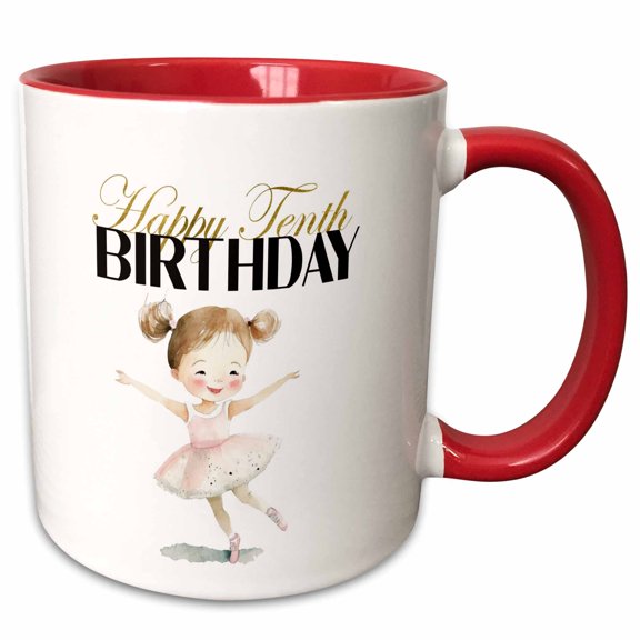3drose, Cute Dancing Ballerina Happy Tenth Birthday, 15oz Two-tone Red Mug