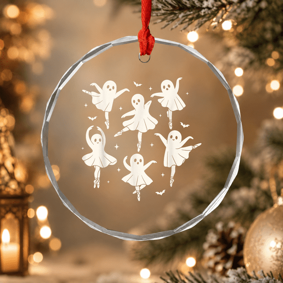 Cute Dancing Ghosts, Halloween Ghost Ballet Ornament, Holiday Decor, Circle Glass Ornament