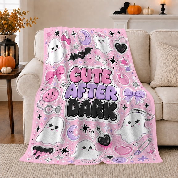 Cute After Dark Ghosts on Pink, Playful Pastel Goth Style for Halloween Lovers, Cozy Spooky Bow Scene, Flannel Blanket for Bedroom and Game Room, Halloween Gift and Fun Home Decor
