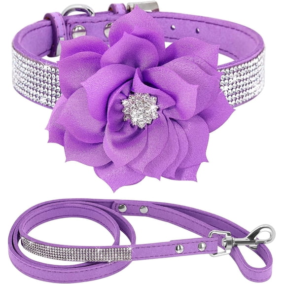 Cute Dazzling Sparkling Elegant Fancy Soft Suede Leather Bling Rhinestone Crystal Jeweled Pet Cat Dog Puppy Collar Dog Leash Combo Set