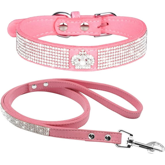 Cute Dazzling Sparkling Elegant Fancy Soft Suede Leather Bling Rhinestone Crystal Jeweled Pet Cat Dog Puppy Collar Dog Leash Combo Set