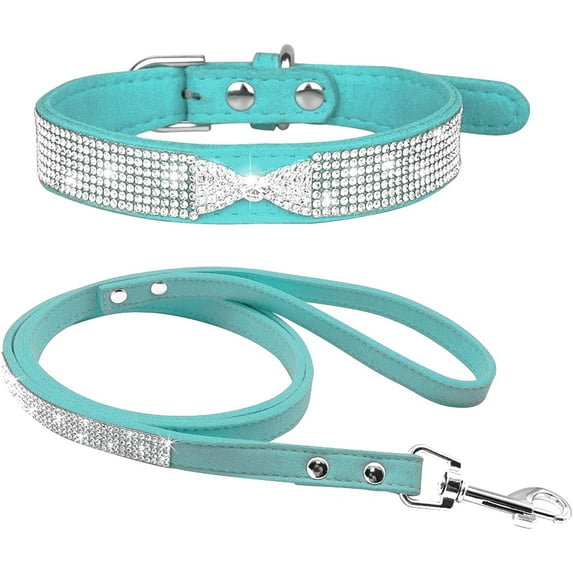 Cute Dazzling Sparkling Elegant Fancy Soft Suede Leather Bling Rhinestone Crystal Jeweled Pet Cat Dog Puppy Collar Dog Leash Combo Set