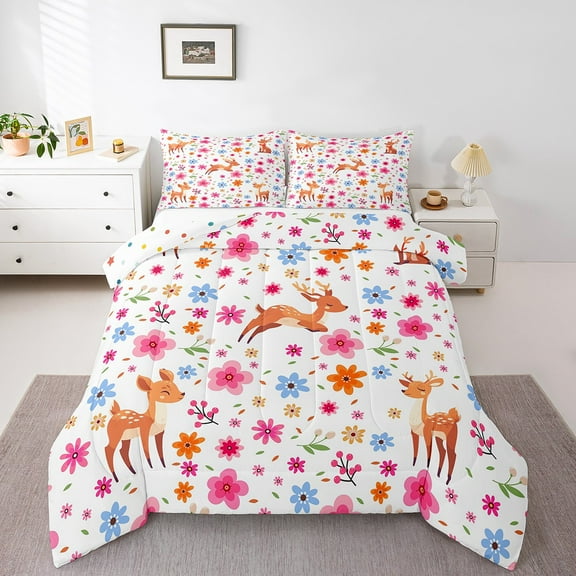 Cute Deer Bedding Full Size Girly Pink Floral Flower Comforter Set, Wildlife Animal Theme Duvet Insert Cartoon Moose Quilt Set, Polka Dots Reversible Bedding Comforters & Sets