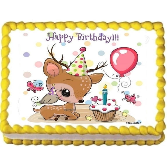 Cute Deer Butterfly Bird Balloons Cupcake Candle Happy Birthday Edible Icing Image Cake Topper, by Tnct.