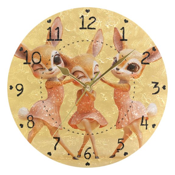 Cute Deer Dance Rhythmic Gymnastics Round Wall Clock Silent Analog Battery Operated Gold Pointer Home Decor 9.84" Diameter