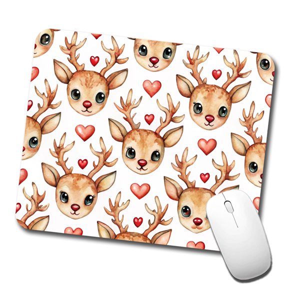 Cute Deer Faces Hearts Watercolor Mouse Pad Low Profile Gaming Mat