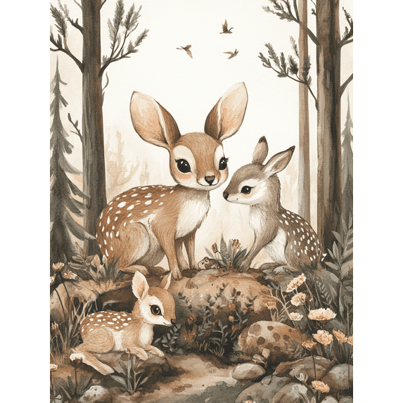 Cute Deer Family Watercolor Painting/Canvas Art,Suitable for Living Room,Bedroom,Nursery,Office,and Gallery Wall Decor.