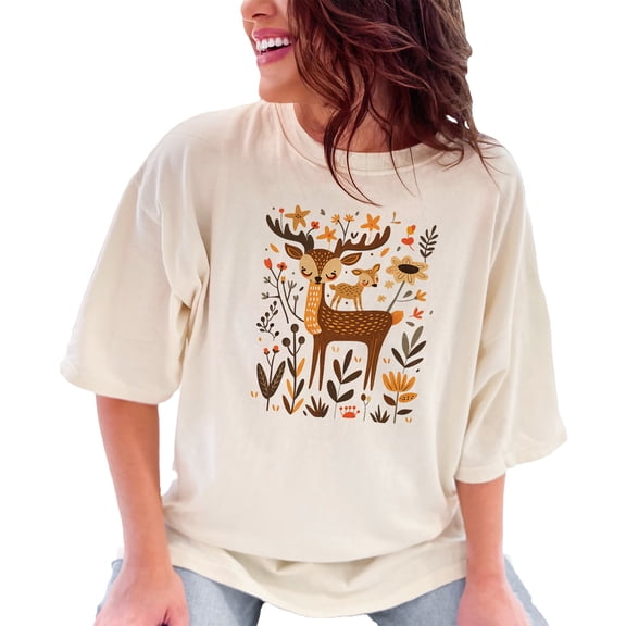 Cute Deer and Fawn Illustration T-Shirt, Whimsical Forest Animals Tee, Nature Inspired Graphic Tee, Woodland Creatures Shirt, Ivory Comfort Colors T-Shirt, XL