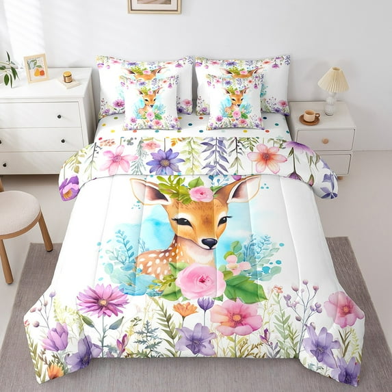 Cute Deer Full Comforter Set 7-Piece Girls Pink Roses Bedding Comforter Sets, Animal Themed Bed in a Bag Colorful Flowers Bedding Set, Garden Florals Bed Sheets Set Watercolor Elk Blossoms Decor