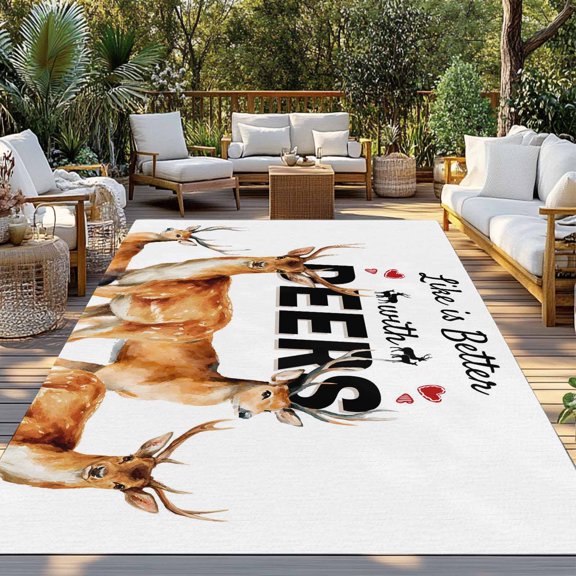 Cute Deer Indoor Outdoor Rugs 3x5 Ft, Wildlife Animals Rustic Farmhouse Elk Rustic Farmhouse Outdoor Patio Rugs Mat Washable Outside Area Rugs Carpet for Porch Deck RV Camping Pool Balcony Backyard