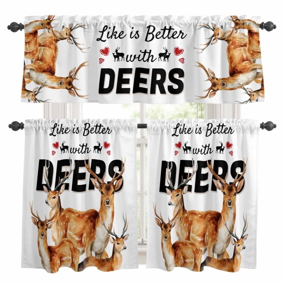 Cute Deer Kitchen Curtains Valances and Tiers Set of 3 Wildlife Animals Rustic Farmhouse Elk Rustic Farmhouse Tier Curtains and Valance with Rod Pocket for Small Windows, 27.5"x24"