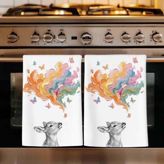 Cute Deer Kitchen Towels Set of 2, Modern Abstract Oil Painting Aesthetic Absorbent Dish Towels for Kitchen, Microfiber Hand Towel, Quick Drying Tea Towel for Cleaning Decorative Dishcloths