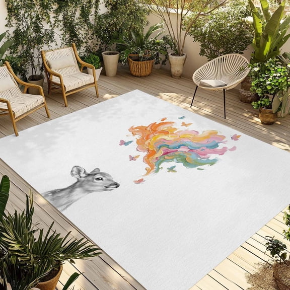 Cute Deer Outdoor Rug for Patio/Deck/Porch, Non-Slip Large Area Rug 3 x 5 Ft, Modern Abstract Oil Painting Aesthetic Indoor Outdoor Rugs Washable Area Rugs, Reversible Camping Rug Carpet Runner