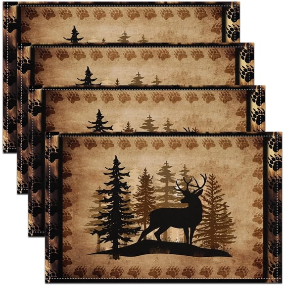Cute Deer  Placemats Girls Kids Deer Hunting Washable Table Mats Placemat Bear Paw Print Tree Pattern Kitchen Dinner Party Table Mats Exotic Style Brown Table Place Mats, 18"x12"