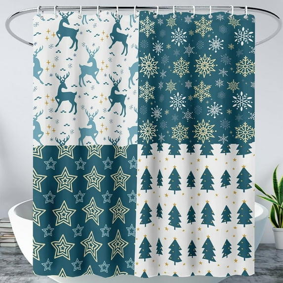 Cute Deer Shower Curtain,Green White Snowflake Pine Printed Bath Curtain,Cartoon Star Deer Waterproof Shower Curtain,Modern Minimalist Bathroom Decor 72" W x 84" H