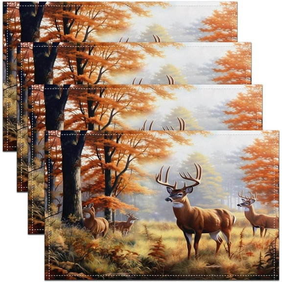 Cute Deer Table Place Mats Deer Hunting Placemats Antlers Washable Fabric Decoration Table Mats Placemat Breathable Western Farmhouse Red Orange Table Mats for Kitchen Decor 18"x12"