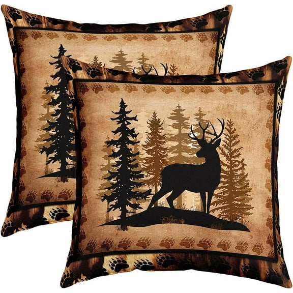 Cute Deer Throw Pillow Covers 18"x18" Set of 2 Soft for Girls Boys Kids Deer Hunting Throw Pillowcases Room Bear Paw Print Tree Pattern Pillow Cases Cushion Covers Exotic Style Brown Cushion Cases